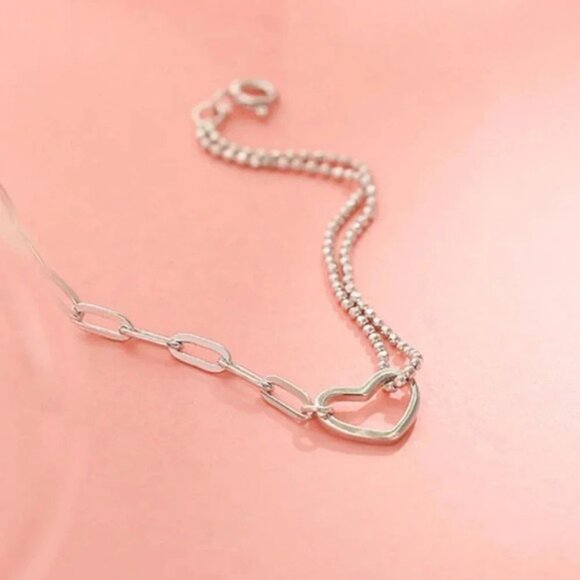 925 Sterling Silver Dainty Heart Bead Chain Link Bracelet - Picture 3 of 7